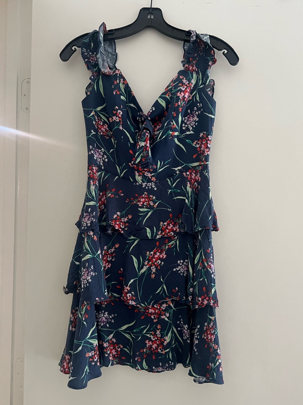 Wayf Navy Floral Ruffle Dress with Red and Pink Blooms